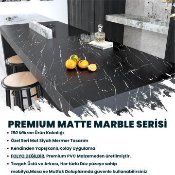 TechnoSmart 60x500cm Mat Mermer Desenli Kendinden Yapışkanlı Duvar Kağıdı Kaplama Mutfak Masa Folyo Siyah