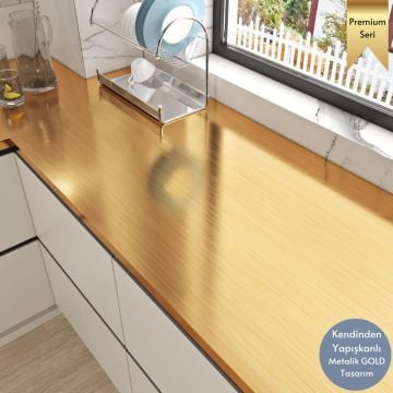 TechnoSmart 60cm×500cm Kendinden Yapışkanlı Metalik Folyo Mutfak Dolap Masa Kaplama Duvar Kağıdı Gold