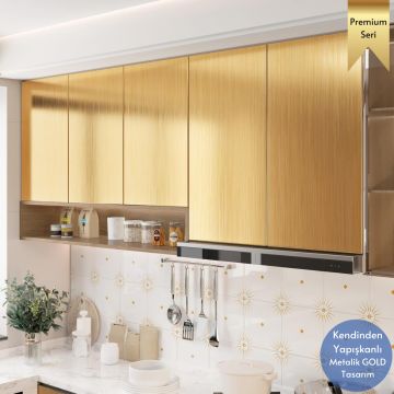 TechnoSmart 60cm×500cm Kendinden Yapışkanlı Metalik Folyo Mutfak Dolap Masa Kaplama Duvar Kağıdı Gold