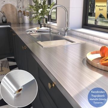 TechnoSmart 60cm×500cm Kendinden Yapışkanlı Metalik Folyo Mutfak Dolap Masa Kaplama Duvar Kağıdı Silver