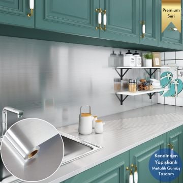 TechnoSmart 60cm×500cm Kendinden Yapışkanlı Metalik Folyo Mutfak Dolap Masa Kaplama Duvar Kağıdı Silver