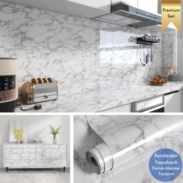 TechnoSmart 60x500cm Mermer Desen Kendinden Yapışkanlı Duvar Kağıdı Kaplama Mutfak Tezgeh Masa Folyo