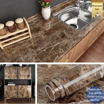 TechnoSmart 60x500cm Mermer Desen Kendinden Yapışkanlı Duvar Kağıdı Kaplama Mutfak Tezgeh Masa Folyo