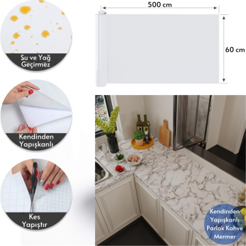 TechnoSmart 60x500cm Mermer Desen Kendinden Yapışkanlı Duvar Kağıdı Kaplama Mutfak Tezgeh Masa Folyo