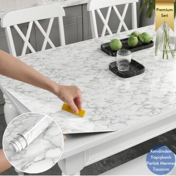 TechnoSmart 60x500cm Mermer Desen Kendinden Yapışkanlı Duvar Kağıdı Kaplama Mutfak Tezgeh Masa Folyo Beyaz