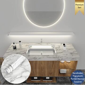 TechnoSmart 60x500cm Mermer Desen Kendinden Yapışkanlı Duvar Kağıdı Kaplama Mutfak Tezgeh Masa Folyo Beyaz