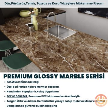 TechnoSmart 60x500cm Mermer Desen Kendinden Yapışkanlı Duvar Kağıdı Kaplama Mutfak Tezgeh Masa Folyo Kahverengi
