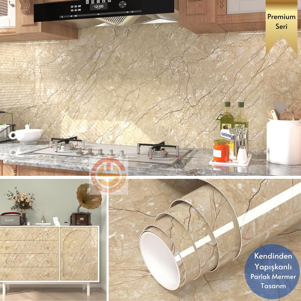 TechnoSmart 60x500cm Mermer Desen Kendinden Yapışkanlı Duvar Kağıdı Kaplama Mutfak Tezgeh Masa Folyo Sarı