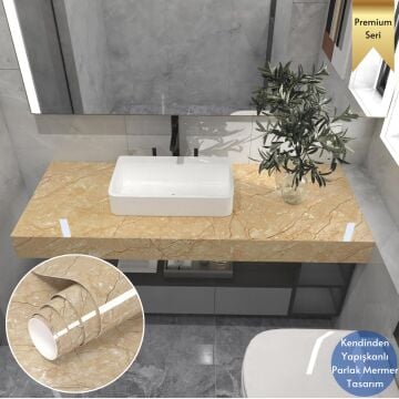 TechnoSmart 60x500cm Mermer Desen Kendinden Yapışkanlı Duvar Kağıdı Kaplama Mutfak Tezgeh Masa Folyo Sarı