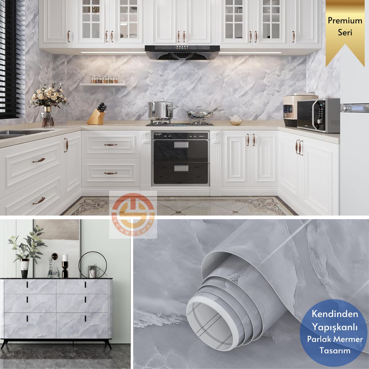 TechnoSmart 60x500cm Mermer Desen Kendinden Yapışkanlı Duvar Kağıdı Kaplama Mutfak Tezgeh Masa Folyo Açık Gri