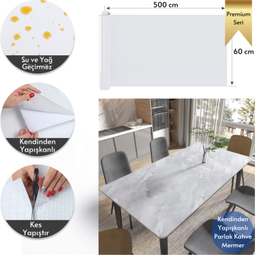 TechnoSmart 60x500cm Mermer Desen Kendinden Yapışkanlı Duvar Kağıdı Kaplama Mutfak Tezgeh Masa Folyo Açık Gri