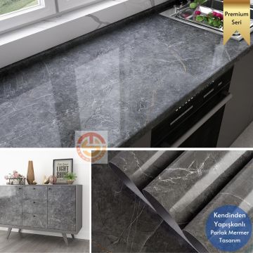TechnoSmart 60x500cm Mermer Desen Kendinden Yapışkanlı Duvar Kağıdı Kaplama Mutfak Tezgeh Masa Folyo Koyu Gri