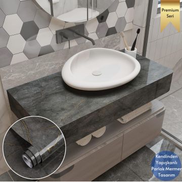 TechnoSmart 60x500cm Mermer Desen Kendinden Yapışkanlı Duvar Kağıdı Kaplama Mutfak Tezgeh Masa Folyo Koyu Gri