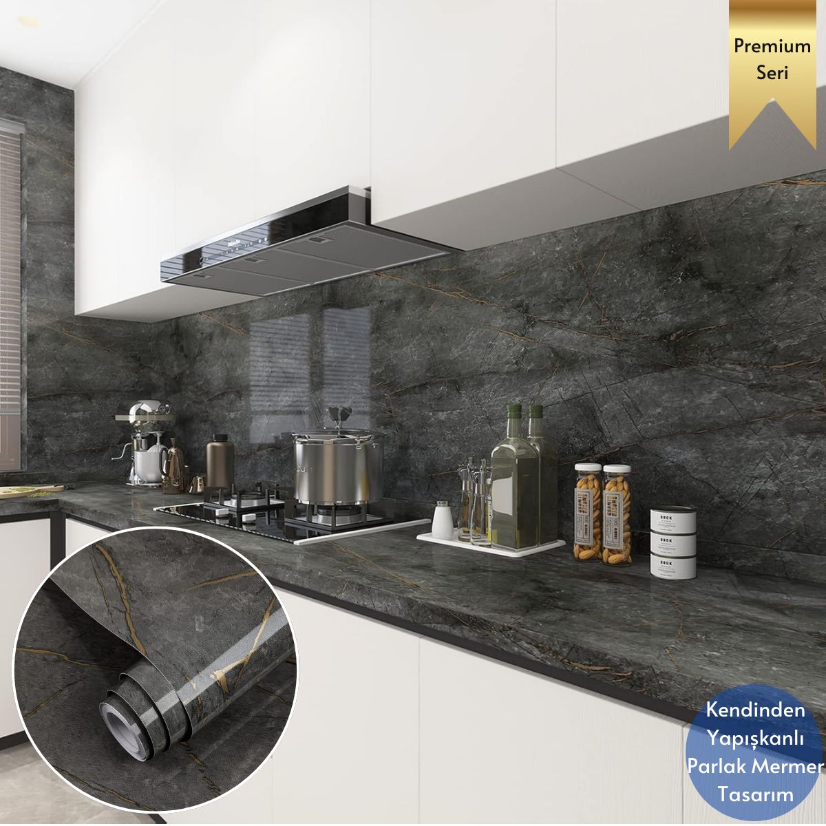 TechnoSmart 60x500cm Mermer Desen Kendinden Yapışkanlı Duvar Kağıdı Kaplama Mutfak Tezgeh Masa Folyo Koyu Gri