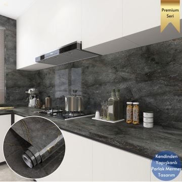 TechnoSmart 60x500cm Mermer Desen Kendinden Yapışkanlı Duvar Kağıdı Kaplama Mutfak Tezgeh Masa Folyo Koyu Gri