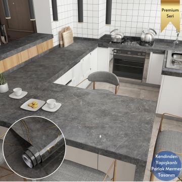 TechnoSmart 60x500cm Mermer Desen Kendinden Yapışkanlı Duvar Kağıdı Kaplama Mutfak Tezgeh Masa Folyo Koyu Gri
