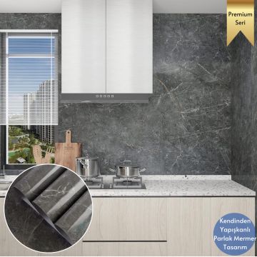 TechnoSmart 60x500cm Mermer Desen Kendinden Yapışkanlı Duvar Kağıdı Kaplama Mutfak Tezgeh Masa Folyo Koyu Gri
