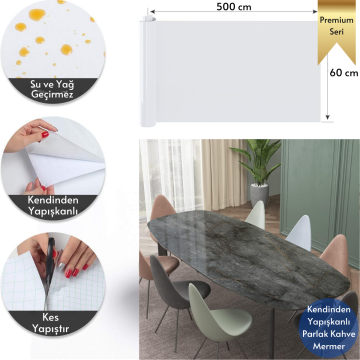 TechnoSmart 60x500cm Mermer Desen Kendinden Yapışkanlı Duvar Kağıdı Kaplama Mutfak Tezgeh Masa Folyo Koyu Gri