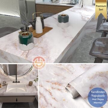 TechnoSmart 60x500cm Mermer Desen Kendinden Yapışkanlı Duvar Kağıdı Kaplama Mutfak Tezgeh Masa Folyo Beyaz 2