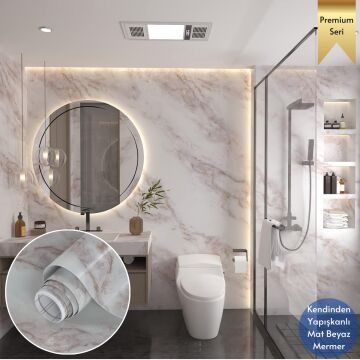 TechnoSmart 60x500cm Mermer Desen Kendinden Yapışkanlı Duvar Kağıdı Kaplama Mutfak Tezgeh Masa Folyo Beyaz 2