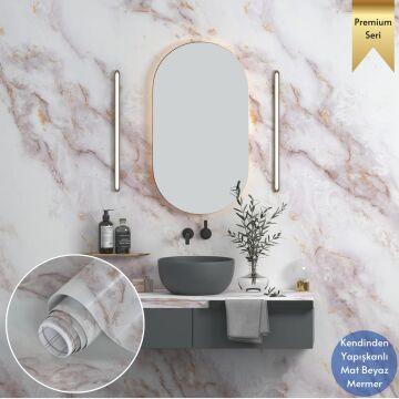 TechnoSmart 60x500cm Mermer Desen Kendinden Yapışkanlı Duvar Kağıdı Kaplama Mutfak Tezgeh Masa Folyo Beyaz 2