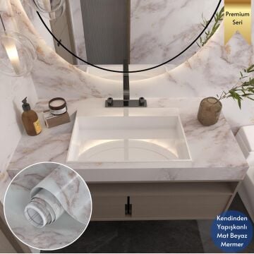 TechnoSmart 60x500cm Mermer Desen Kendinden Yapışkanlı Duvar Kağıdı Kaplama Mutfak Tezgeh Masa Folyo Beyaz 2