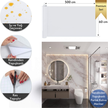 TechnoSmart 60x500cm Mermer Desen Kendinden Yapışkanlı Duvar Kağıdı Kaplama Mutfak Tezgeh Masa Folyo Beyaz 2