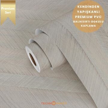 TechnoSmart 60×500cm Kendinden Yapışkanlı Balıksırtı Desenli Premium Duvar Kağıdı Masa Dolap Kaplama Bej