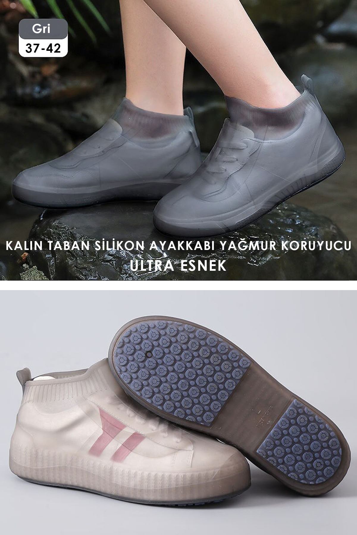 TechnoSmart Ultra Esnek Silikon Yağmur Koruyucu Ayakkabı Kılıfı Taban Takviye Kaymaz Su Kir Geçirmez Gri
