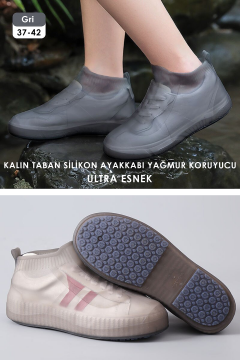 TechnoSmart Ultra Esnek Silikon Yağmur Koruyucu Ayakkabı Kılıfı Taban Takviye Kaymaz Su Kir Geçirmez Gri