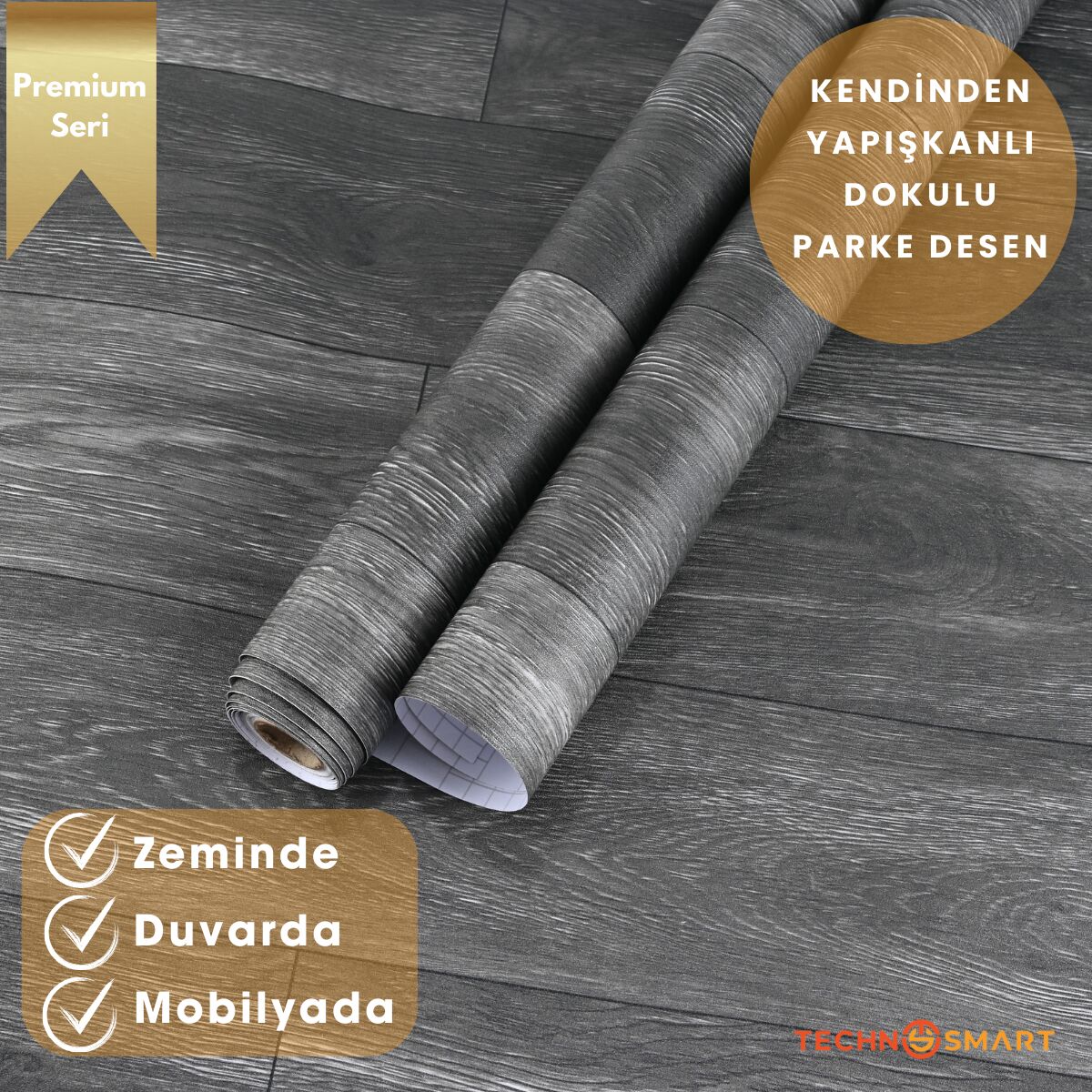 TechnoSmart 60×500cm Kendinden Yapışkanlı Parke Görünümlü Premium Zemin Duvar Kağıdı Dolap Kaplama