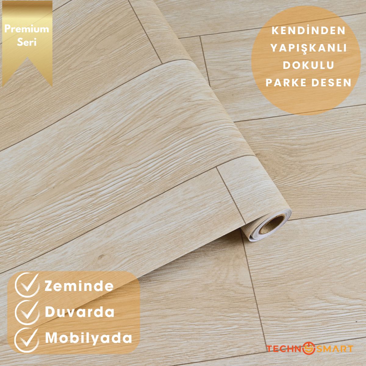 TechnoSmart 60×500cm Kendinden Yapışkanlı Parke Görünümlü Premium Zemin Duvar Kağıdı Dolap Kaplama Açık Bej