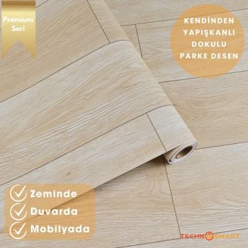TechnoSmart 60×500cm Kendinden Yapışkanlı Parke Görünümlü Premium Zemin Duvar Kağıdı Dolap Kaplama Açık Bej