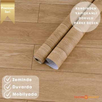TechnoSmart 60×500cm Kendinden Yapışkanlı Parke Görünümlü Premium Zemin Duvar Kağıdı Dolap Kaplama Koyu Bej