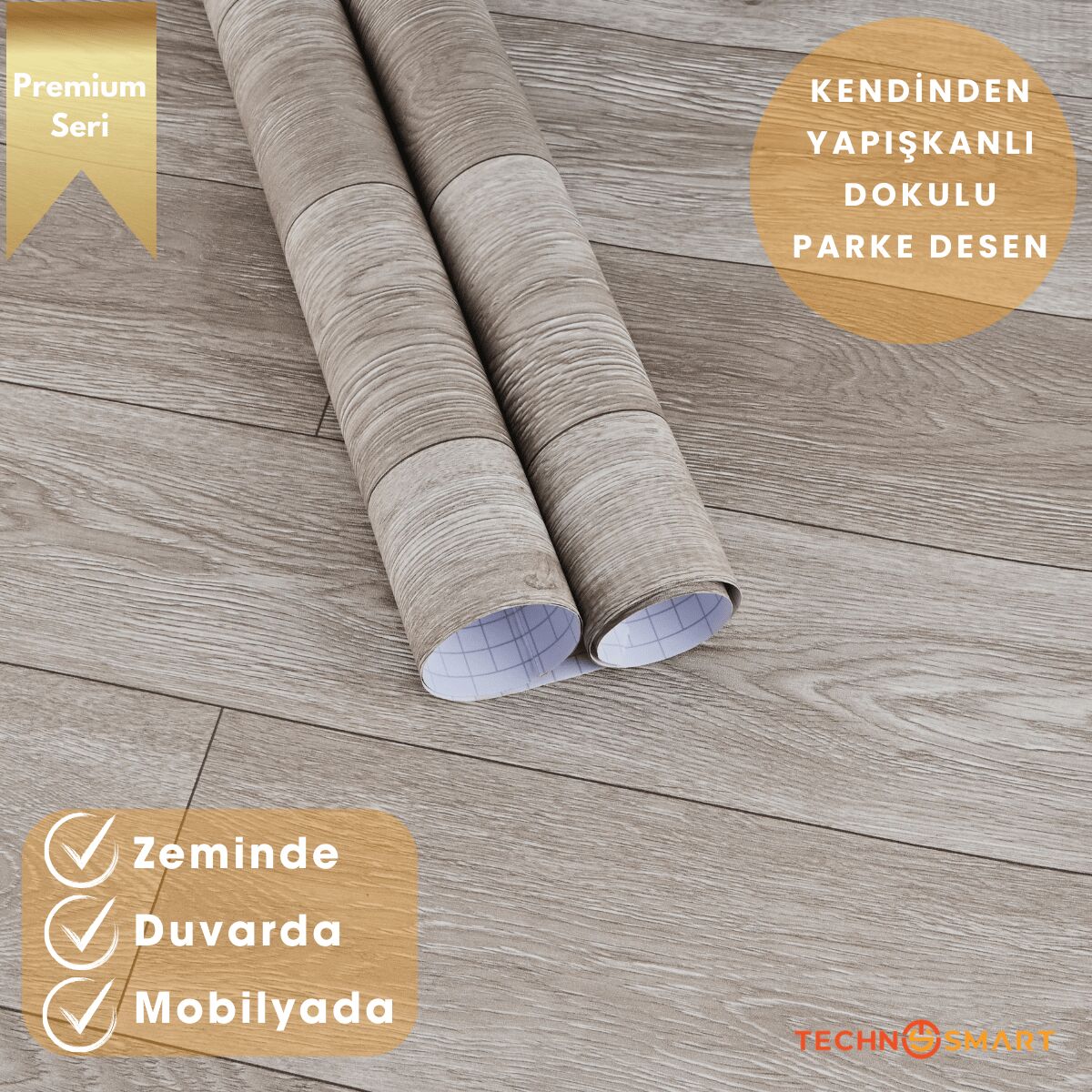 TechnoSmart 60×500cm Kendinden Yapışkanlı Parke Görünümlü Premium Zemin Duvar Kağıdı Dolap Kaplama Vizon