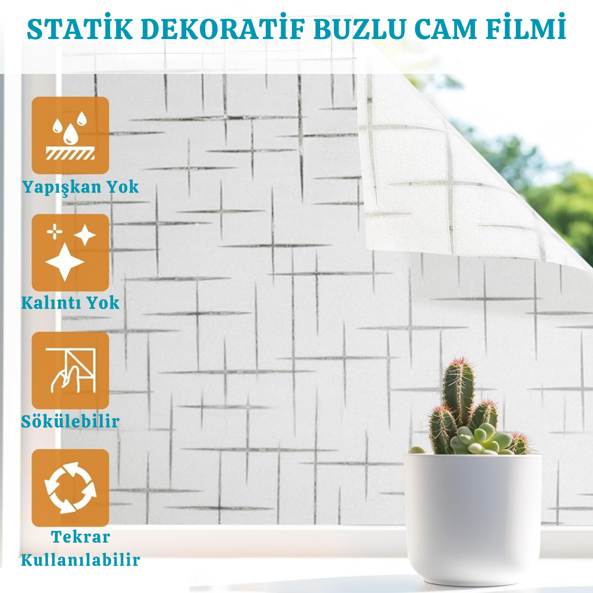 TechnoSmart 60cmx100cm Buzlu Desenli Cam Kaplama Filmi Statik Duşa Kabin Ofis Dekorasyon Folyo