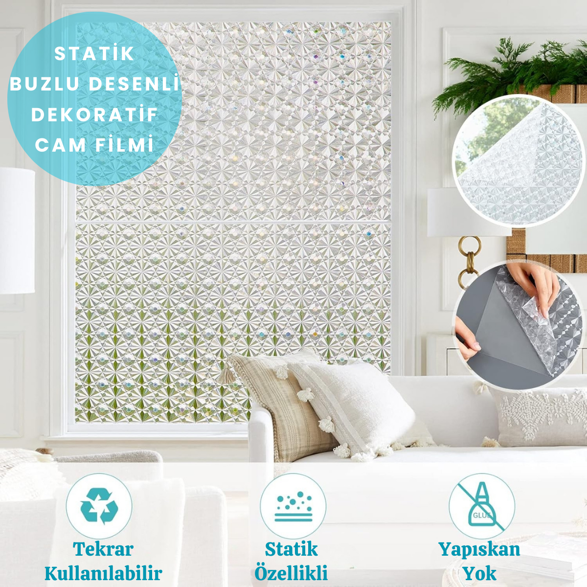 TechnoSmart 60cmx100cm Buzlu Desenli Cam Kaplama Filmi Statik Duşa Kabin Ofis Dekorasyon Folyo