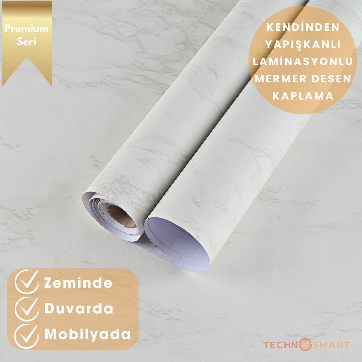 TechnoSmart 60×500cm Kendinden Yapışkanlı Mermer Görünümlü Premium Zemin Duvar Kağıdı Dolap Kaplama Beyaz