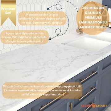 TechnoSmart 60×500cm Kendinden Yapışkanlı Mermer Görünümlü Premium Zemin Duvar Kağıdı Dolap Kaplama Beyaz