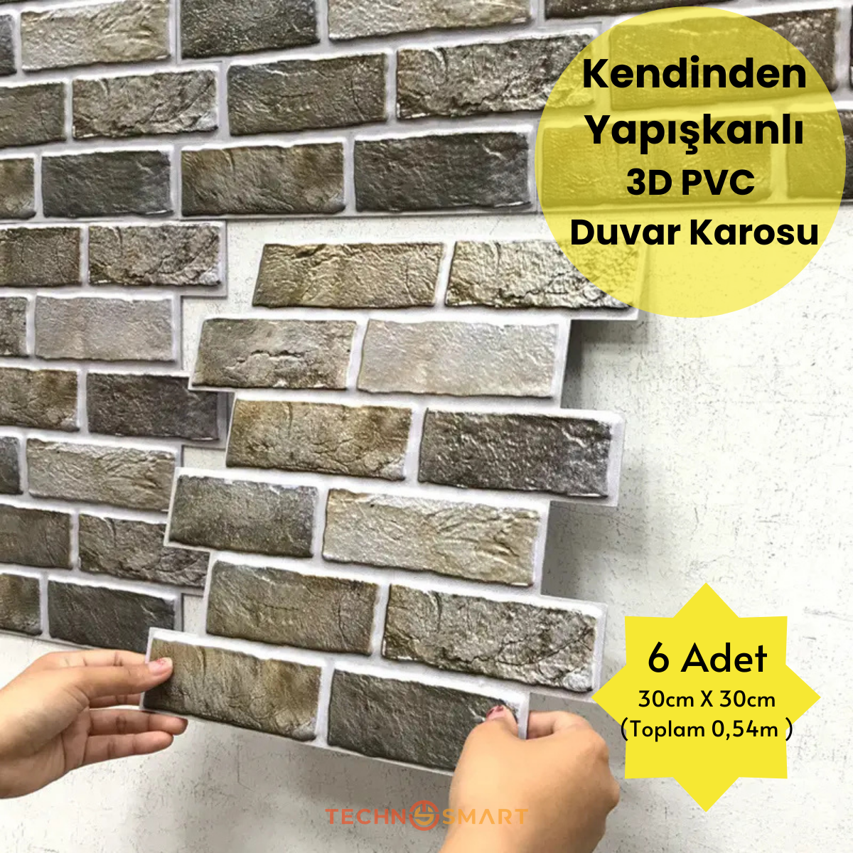 TechnoSmart 30X30cm 6Adet 3D Kendinden Yapışkanlı Duvar Kağıdı Kaplama Mutfak Banyo 1paket 0,54 m2