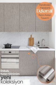 TechnoSmart 60cm×500cm Kendinden Yapışkanlı Dokulu Keten Görünümlü Duvar Kağıdı Mutfak Dolap Kaplama Vizon