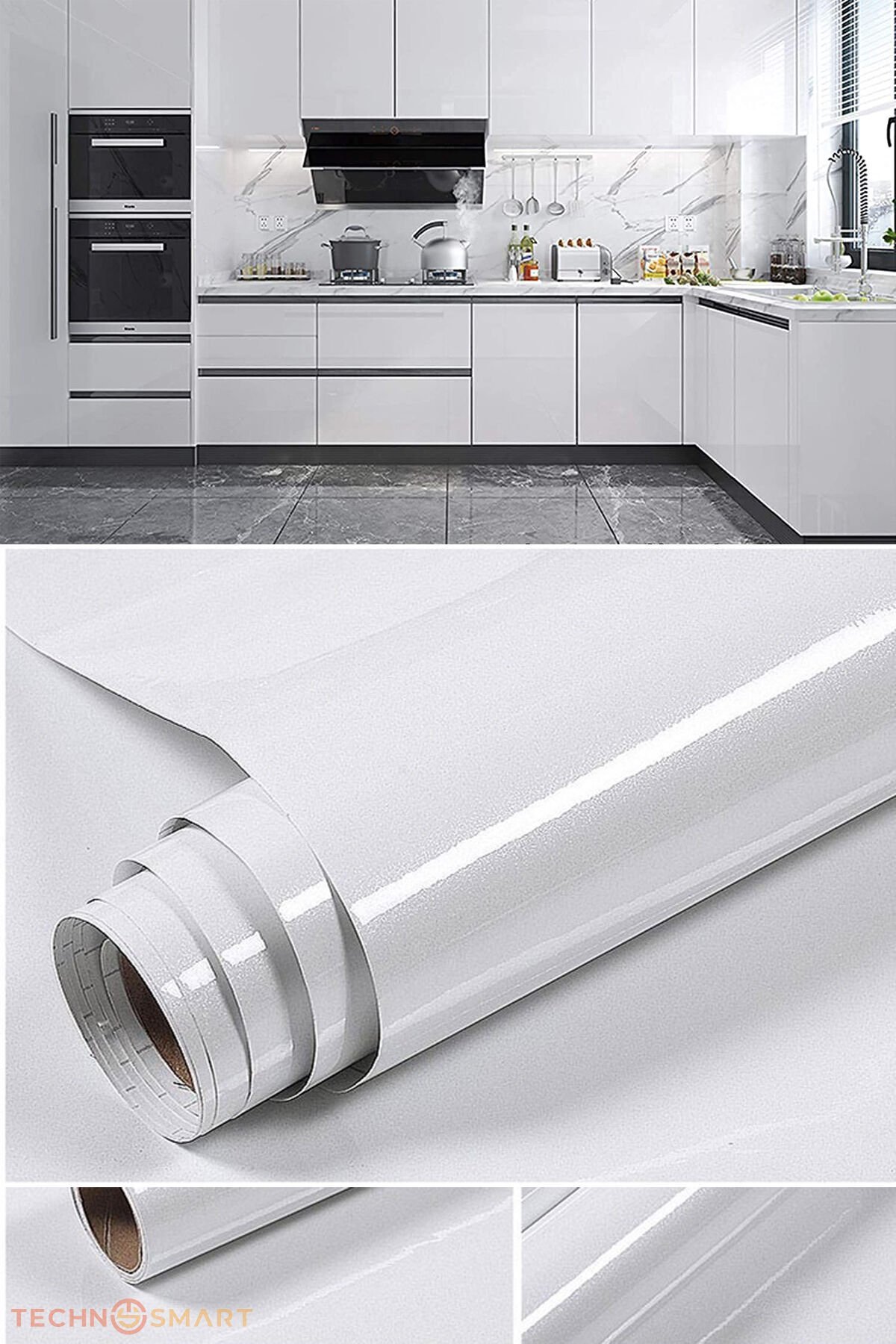 TechnoSmart 60x500cm Beyaz Simli Kendinden Yapışkanlı Parlak Duvar Kağıdı Mutfak Banyo Dolap Kaplama