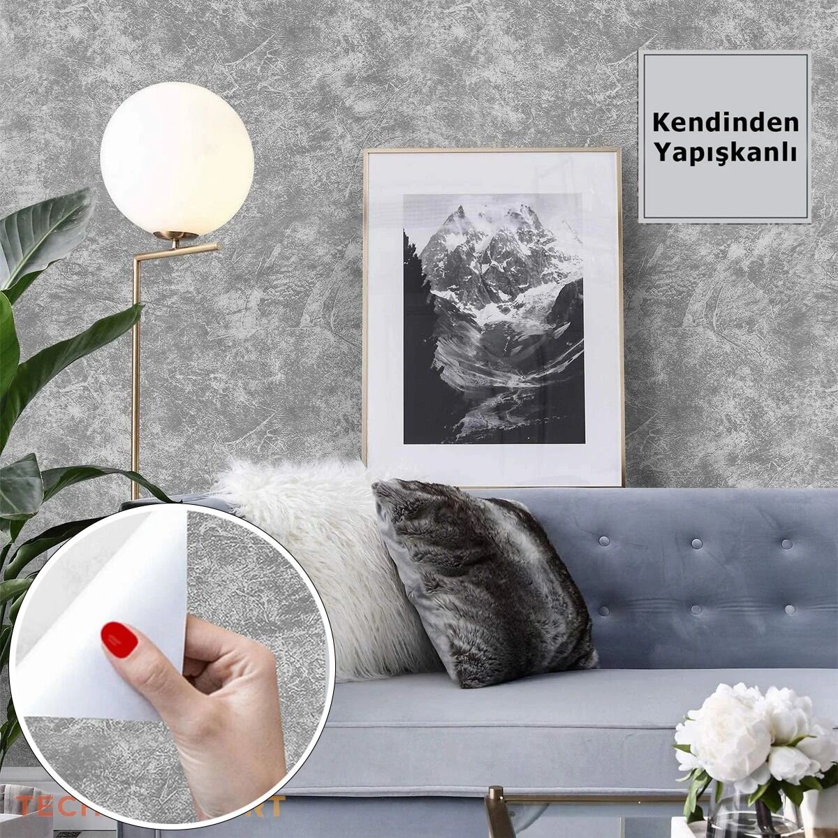 TechnoSmart 60x200cm Gri Desenli Kendinden Yapışkanlı Duvar Kağıdı Mutfak Dolap Kaplama Dekorasyon