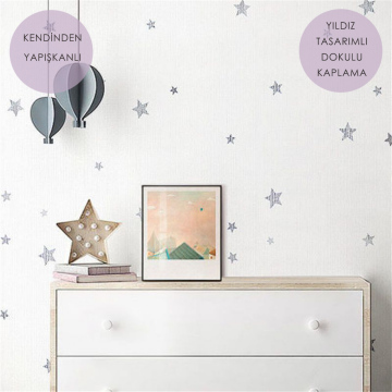 TechnoSmart 60cm×500cm Kendinden Yapışkanlı Yıldız Görünümlü Duvar Kağıdı Çocuk Odası Kaplama Dolap Beyaz