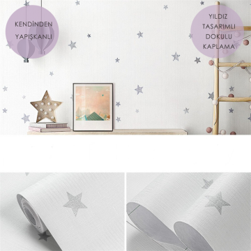 TechnoSmart 60cm×500cm Kendinden Yapışkanlı Yıldız Görünümlü Duvar Kağıdı Çocuk Odası Kaplama Dolap Beyaz
