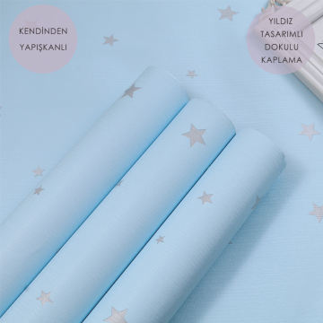 TechnoSmart 60cm×500cm Kendinden Yapışkanlı Yıldız Görünümlü Duvar Kağıdı Çocuk Odası Kaplama Dolap Mavi