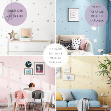 TechnoSmart 60cm×500cm Kendinden Yapışkanlı Yıldız Görünümlü Duvar Kağıdı Çocuk Odası Kaplama Dolap Mavi
