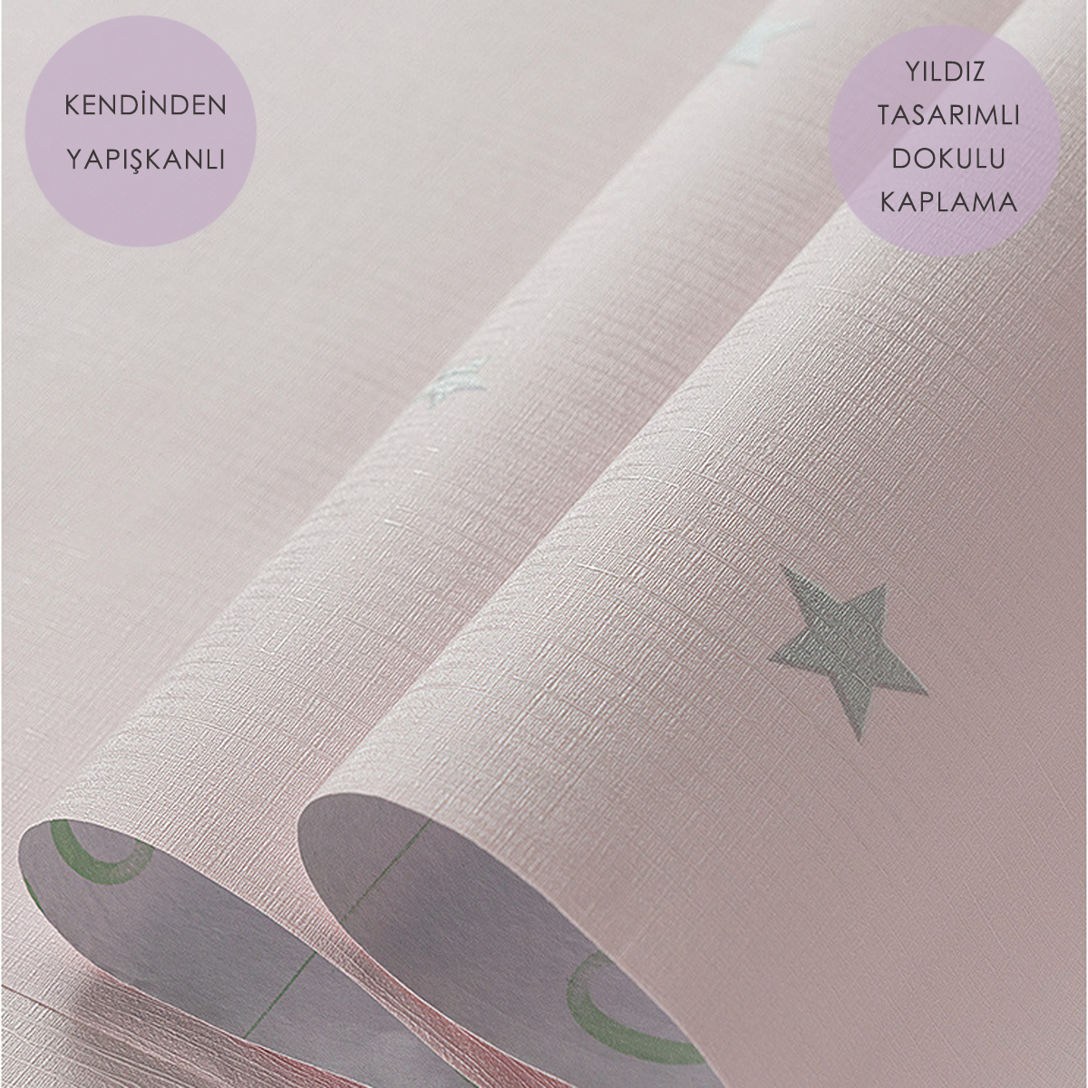TechnoSmart 60cm×500cm Kendinden Yapışkanlı Yıldız Görünümlü Duvar Kağıdı Çocuk Odası Kaplama Dolap Pembe