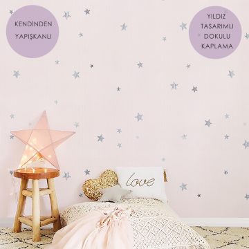 TechnoSmart 60cm×500cm Kendinden Yapışkanlı Yıldız Görünümlü Duvar Kağıdı Çocuk Odası Kaplama Dolap Pembe