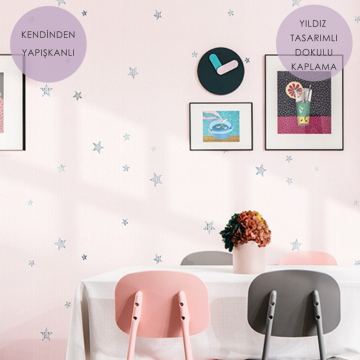 TechnoSmart 60cm×500cm Kendinden Yapışkanlı Yıldız Görünümlü Duvar Kağıdı Çocuk Odası Kaplama Dolap Pembe
